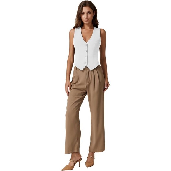 Women's White V Neck Vest Top Sleeveless Button Down Fully Lined Solid Crop Tops - Picture 6 of 6